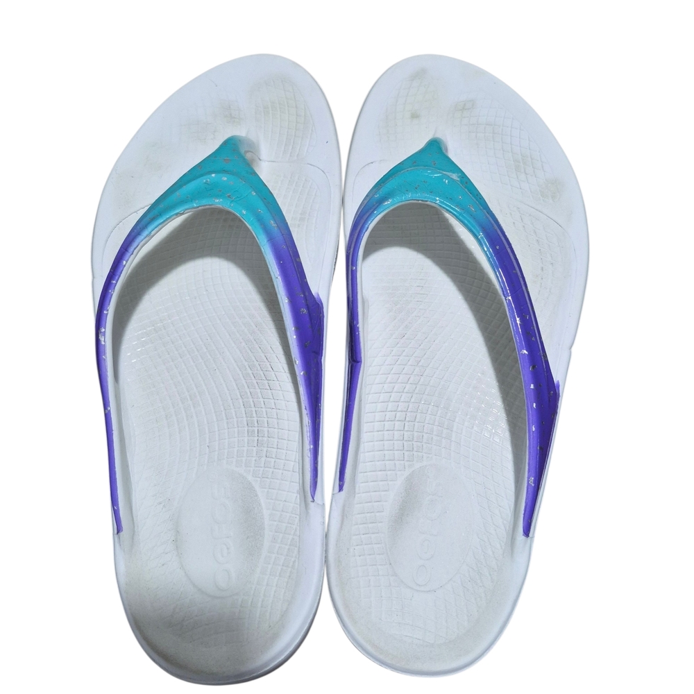 OOFOS White Flip Flop Sandals with Teal and Purple Straps